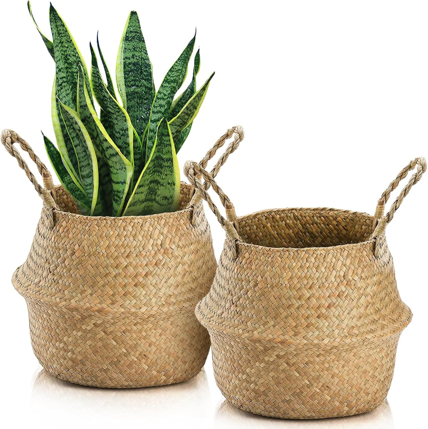 2 Pack Woven Seagrass Plant Basket with Handles, Ideal Wicker Baskets Storage Plant Pot Baskets for Laundry, Picnic, Plant Pot Cover, Beach Bag and Grocery Basket (L)