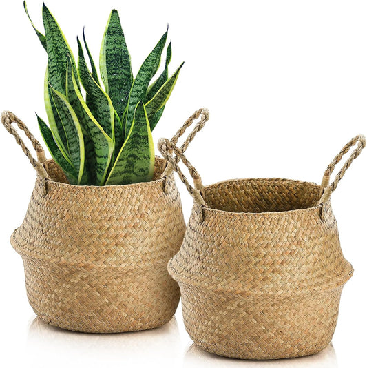 2 Pack Woven Seagrass Plant Basket with Handles, Ideal Wicker Baskets Storage Plant Pot Baskets for Laundry, Picnic, Plant Pot Cover, Beach Bag and Grocery Basket (L)