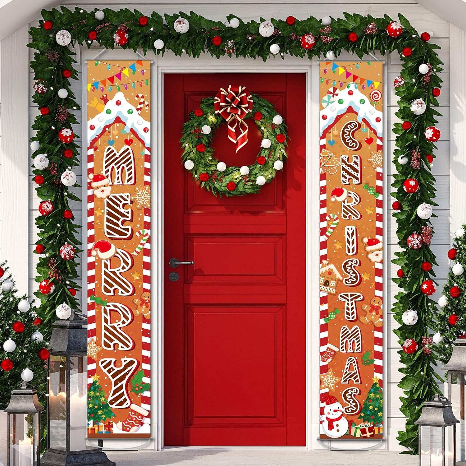 Gingerbread Christmas Decorations Christmas Porch Sign Outdoor Door Banner Holiday Gingerbread Party Favor Supplies, 71’’ X 43’’