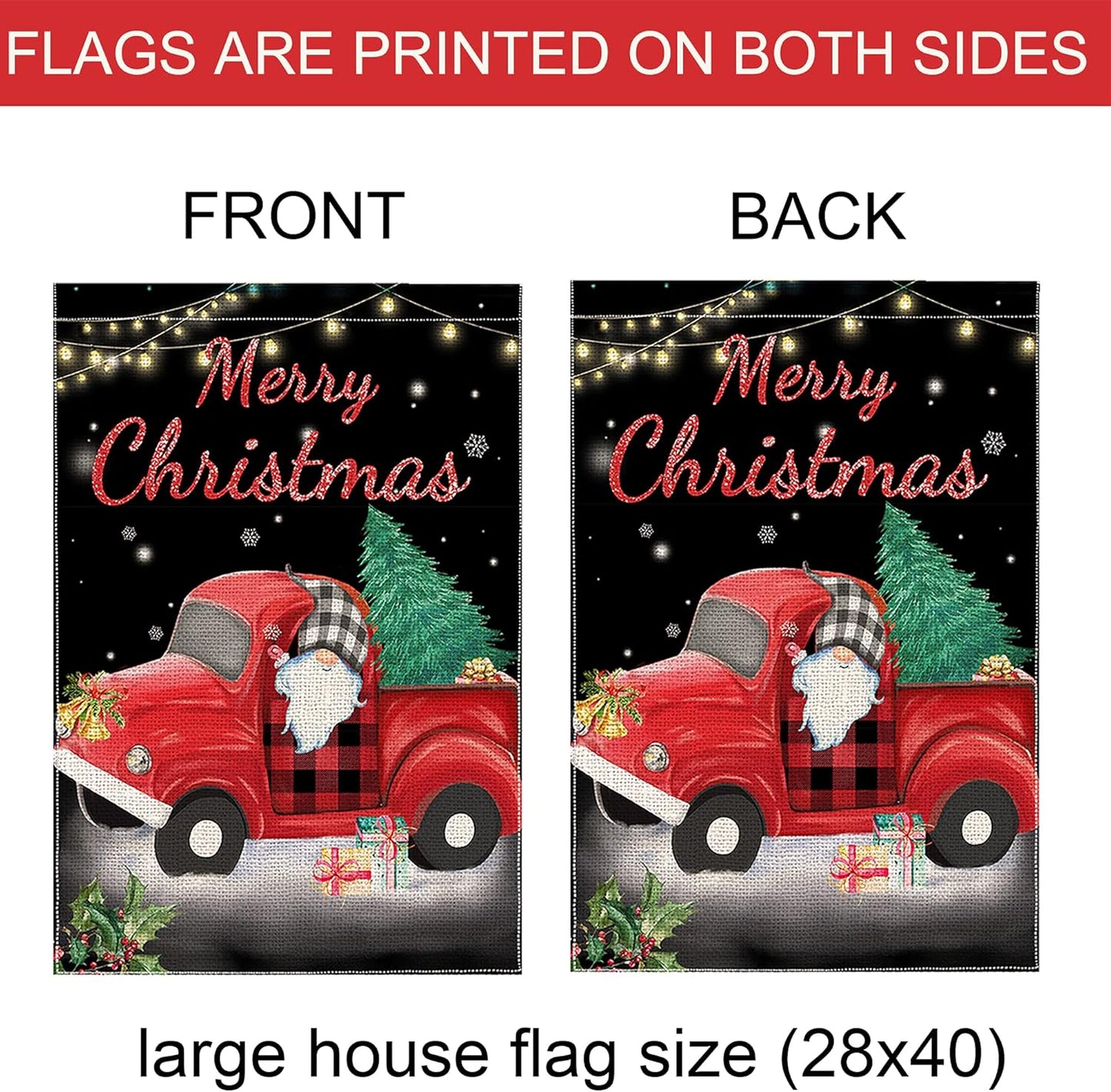 Christmas Garden Flag, Large Christmas Flag 28X40 Double Sided with Red Truck Gnome for Yard outside Outdoor Decor