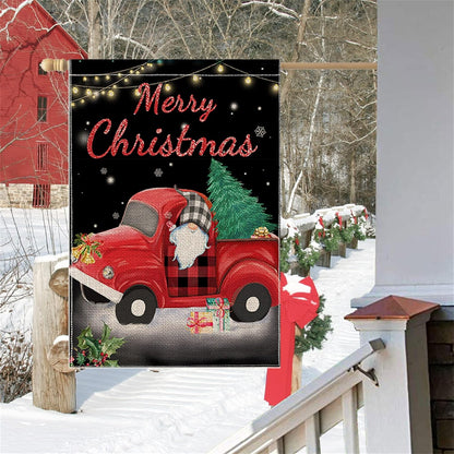 Christmas Garden Flag, Large Christmas Flag 28X40 Double Sided with Red Truck Gnome for Yard outside Outdoor Decor