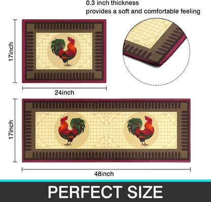 Rooster Kitchen Rug Rooster Rugs Set of 2 Kitchen Rug with Rooster Non-Slip Kitchen Rugs and Mats Floor Mat Doormat Runner Rug for Kitchen, Laundry, Living Room, Front Door