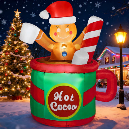 6 Ft Christmas Inflatables Gingerbread Outdoor Decorations,Gingerbread Man in Hot Cocoa Mug Blow Ups with Built-In Leds for Holiday Party Garden Lawn Yard Decor