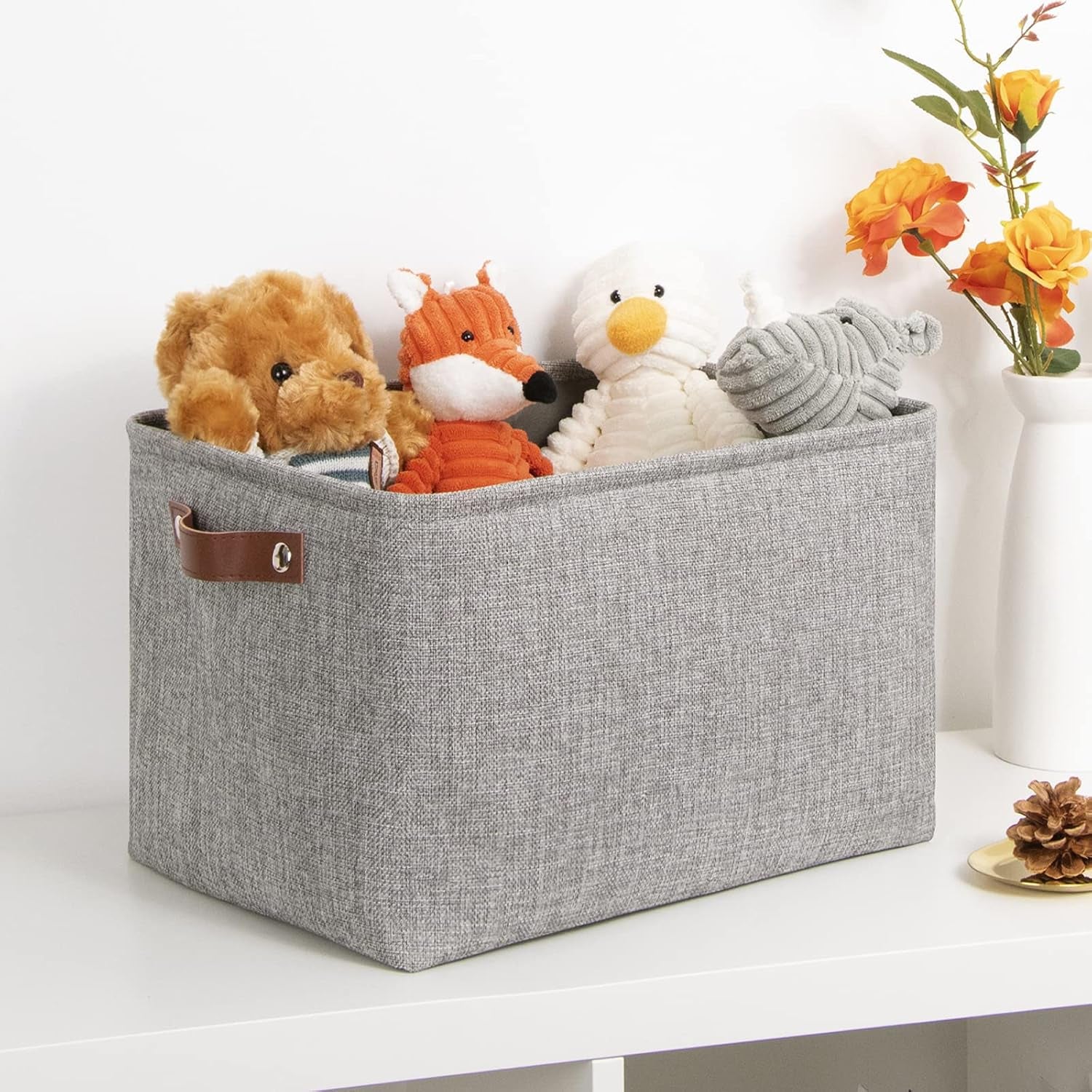 Fabric Storage Basket for Shelves/Closets, Collapsible Rectangle Basket for Organizing Clothes, Toys, Towels, Books, Laundry, Nursery, Dog Toy Basket Empty (Gray)