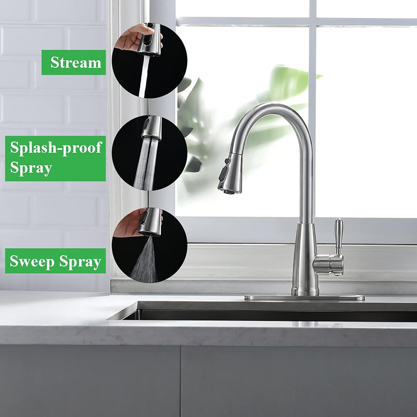 Kitchen Faucets, Kitchen Sink Faucet with Splash-Proof Sprayer, Sink Faucet, Pull down Faucets,Brushed Nickel PB1028