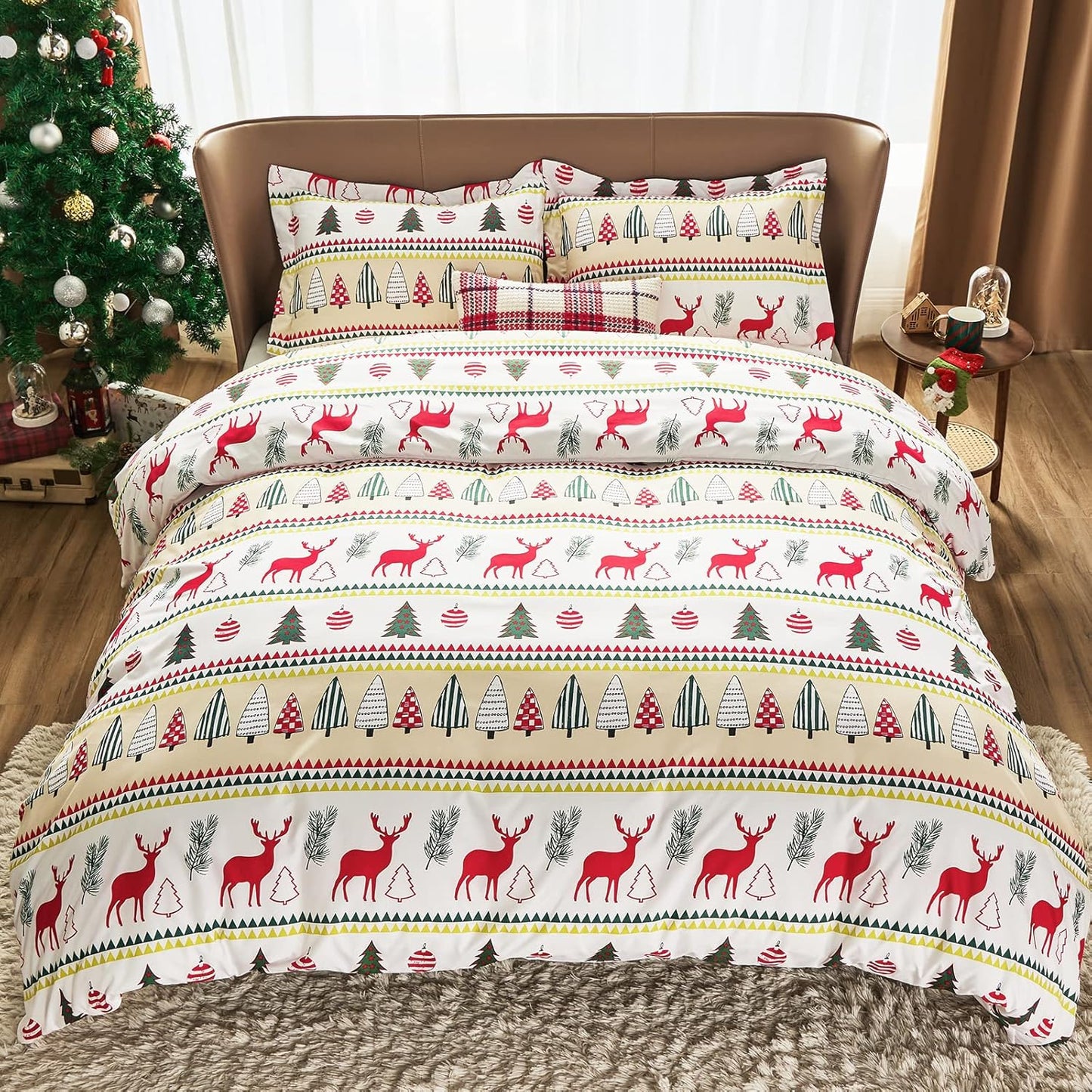 Christmas Duvet Cover Set, 3 Pieces King Size Comforter Cover Set 90"X104", Super Soft New Year Holiday Bedding Set, Red with White Christmas Reindeer
