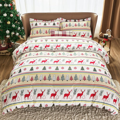 Christmas Duvet Cover Set, 3 Pieces King Size Comforter Cover Set 90"X104", Super Soft New Year Holiday Bedding Set, Red with White Christmas Reindeer
