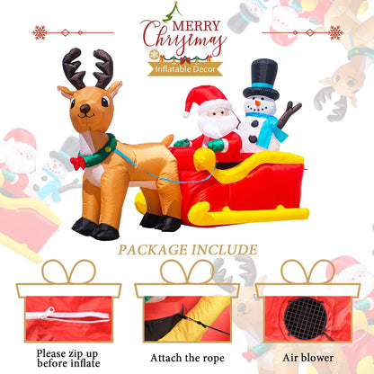 6.5 Ft Long Christmas Inflatables Outdoor Decorations, Inflatable Santa Claus on Sleigh with Reindeer and Snowman Christmas Blow up Built-In LED Lights for Yard Party Outdoor Holiday Decoration