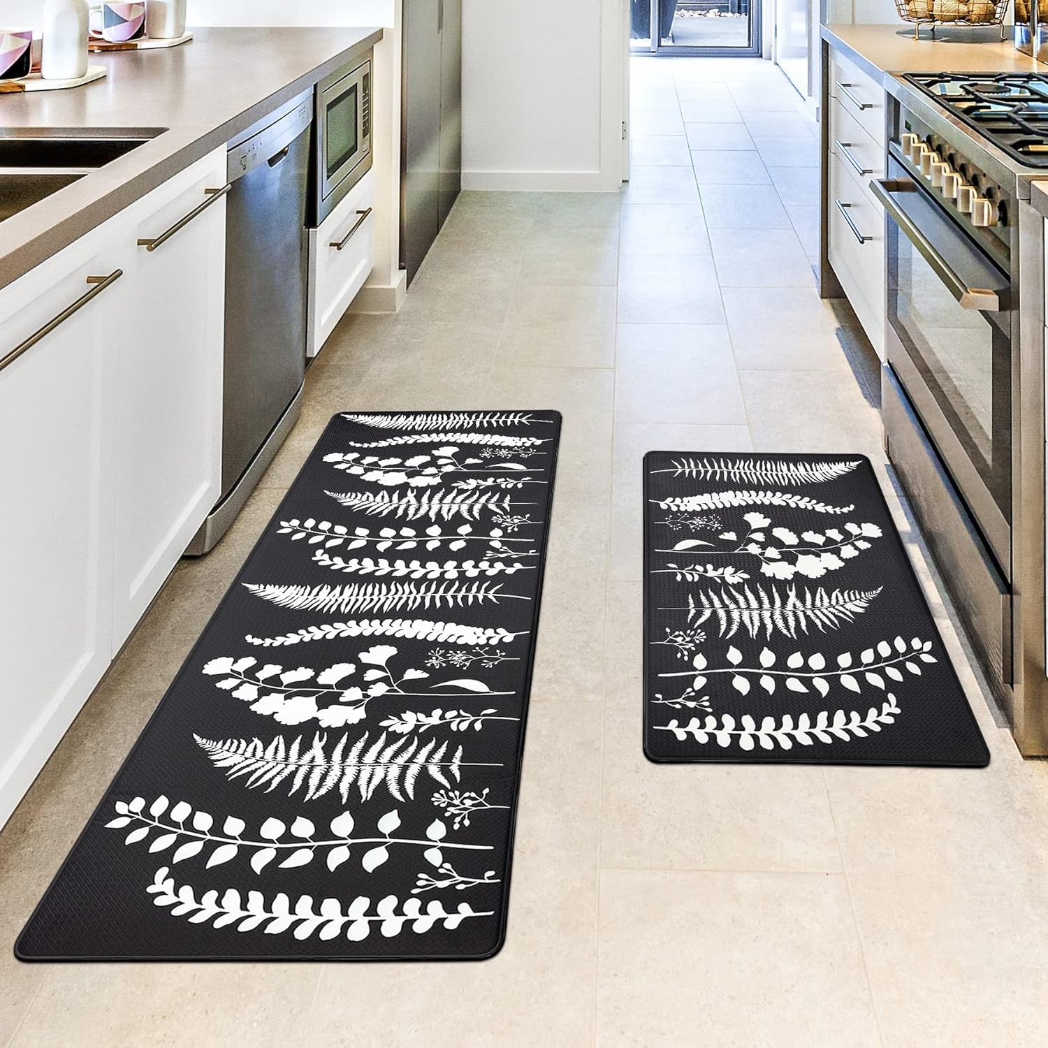 Kitchen Mats for Floor Kitchen Rugs Set Waterproof Cushioned anti Fatigue Non Slip Kitchen Mat Kitchen Sink Mats for Floor, Laundry, Bathroom, Office，17"X47"+17"X29", Black and White
