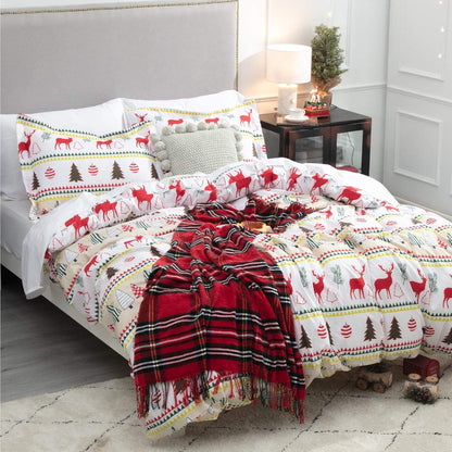Christmas Duvet Cover Set, 3 Pieces King Size Comforter Cover Set 90"X104", Super Soft New Year Holiday Bedding Set, Red with White Christmas Reindeer