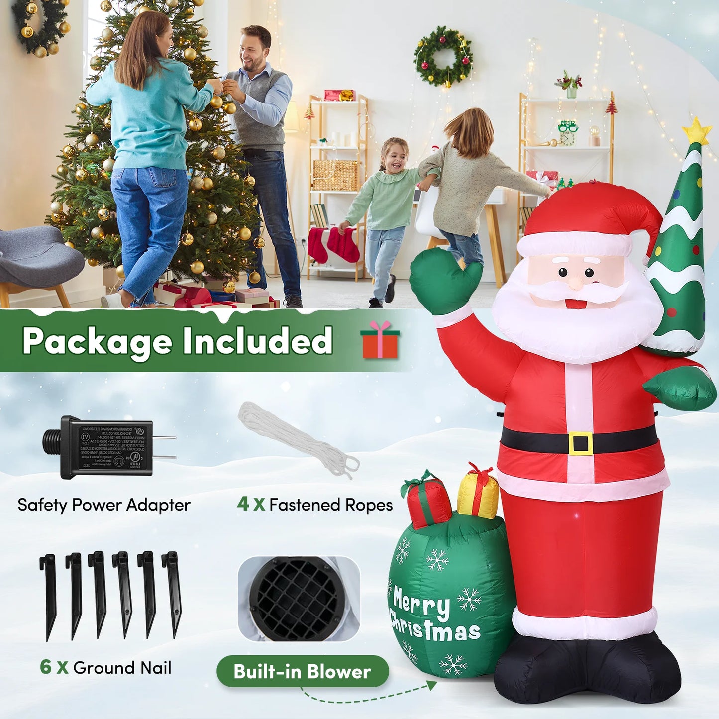 8FT Christmas Inflatable Outdoor Decoration, Santa Christmas Inflatable with Build-In Leds for Xmas Party Outdoor Yard Garden Lawn Winter Decor