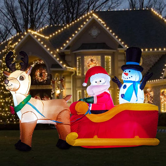 6.5 Ft Long Christmas Inflatables Outdoor Decorations, Inflatable Santa Claus on Sleigh with Reindeer and Snowman Christmas Blow up Built-In LED Lights for Yard Party Outdoor Holiday Decoration
