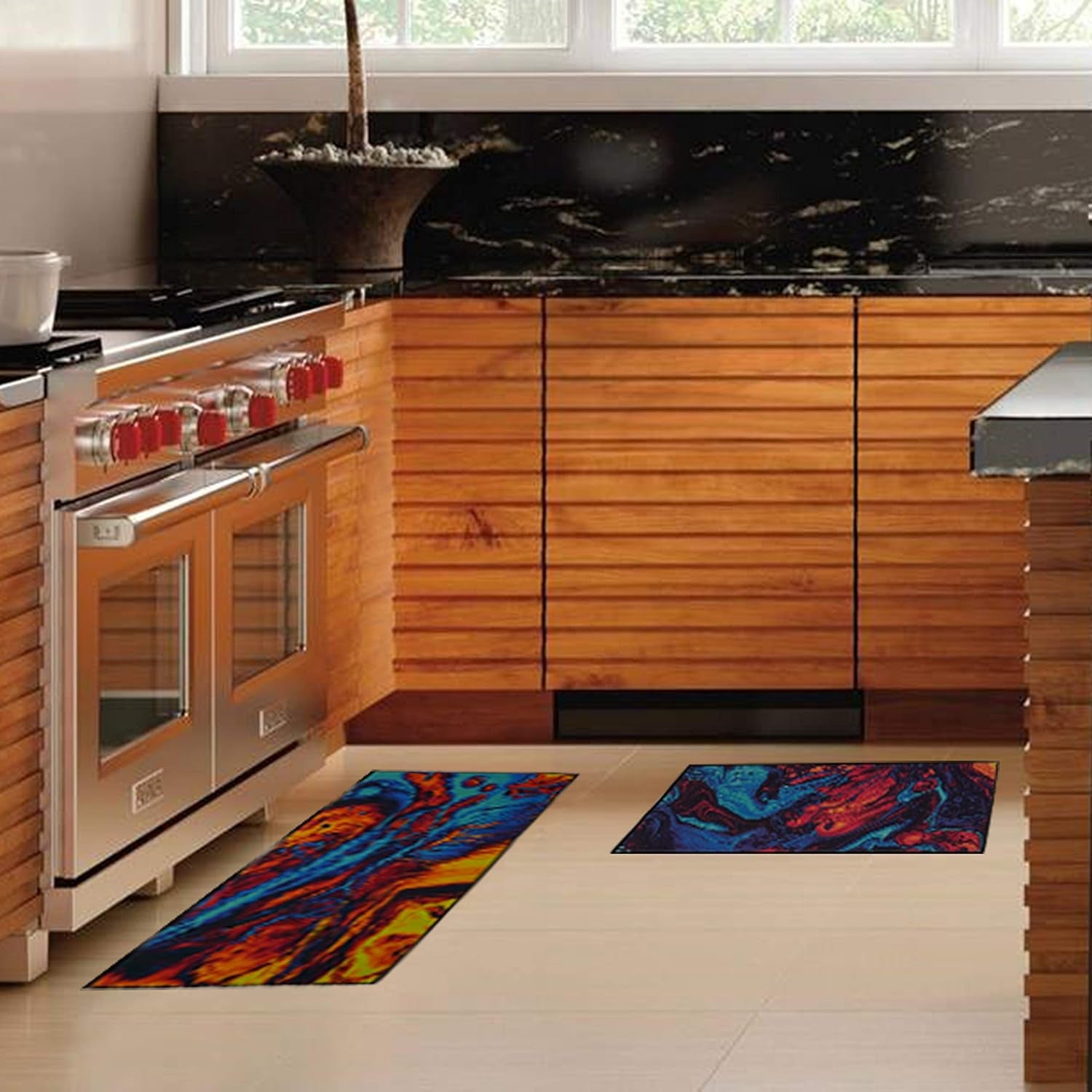 Artistic and Colorful Kitchen Rugs for Floor Non Slip Kitchen Rugs and Mats Kitchen Mat Set Farmhouse Kitchen - Lava Flow2 Art- 2 Pieces - 30"X17" + 47”X17