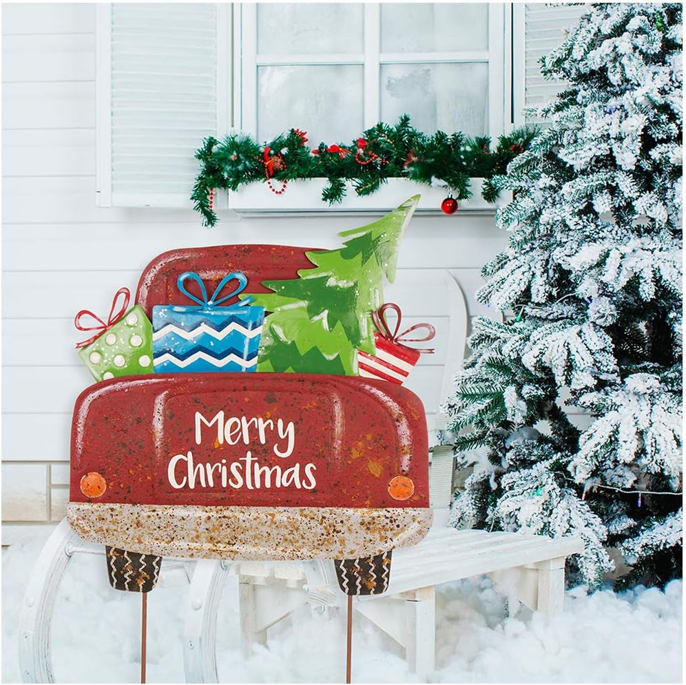 Rustic Metal Christmas Truck Yard Stake Lawn Garden Standing Sign Lawn Patio Wall Decor, Wood Truck