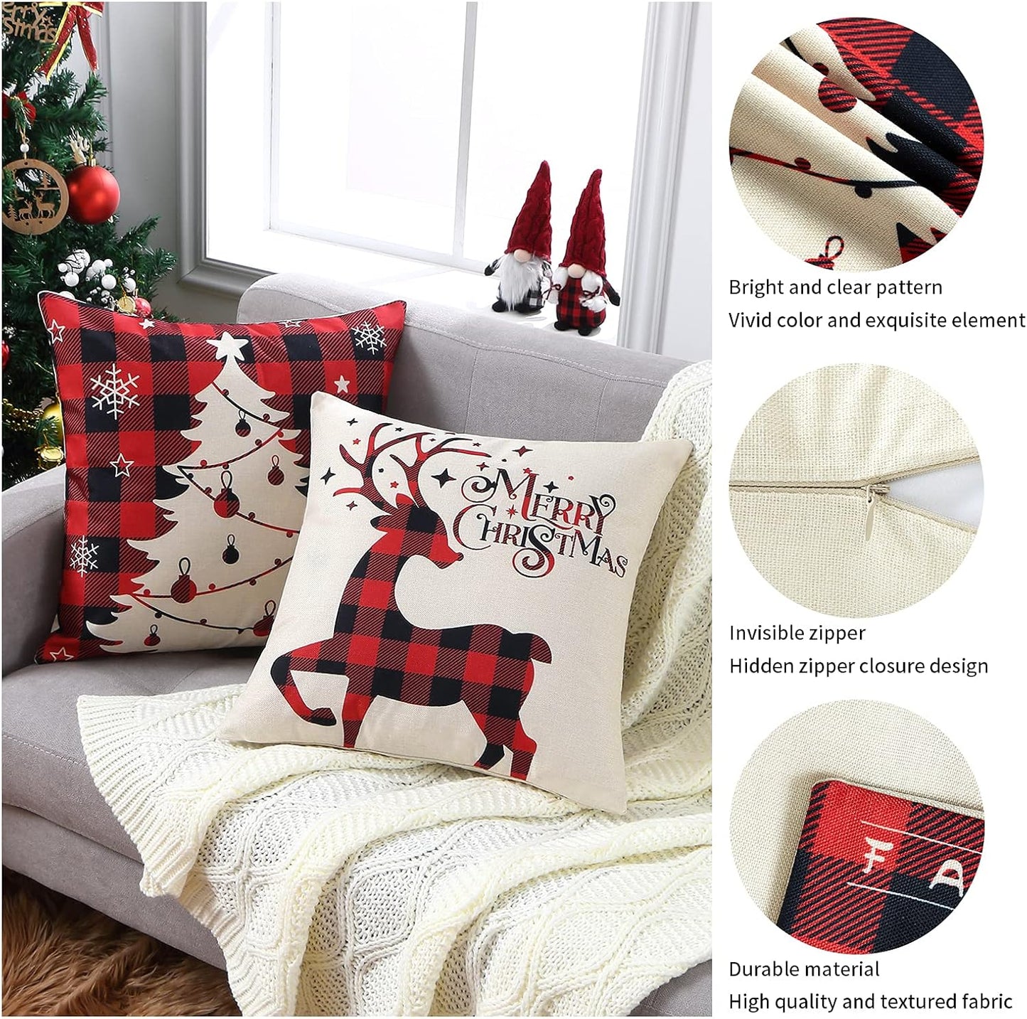 Christmas Decoration Pillow Covers 18X18 Set of 4,Farmhouse Christmas Decor for Home,Red Black Buffalo Plaids Tree Deer Rustic Truck Xmas Pillow Case Winter Holiday Cushion Case for Couch