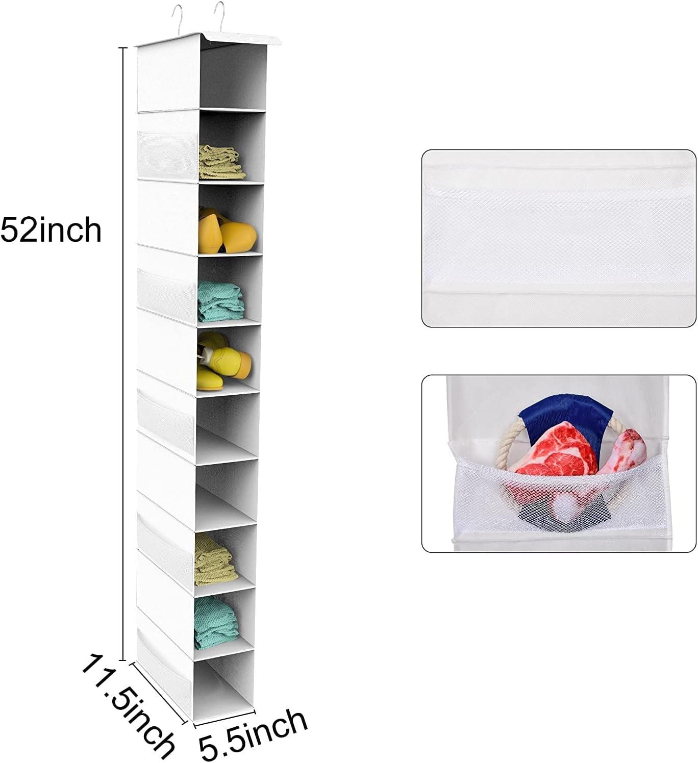 Hanging Shoe Organizer, 10-Shelf Closet Organizer with 6 Mesh Side Pockets