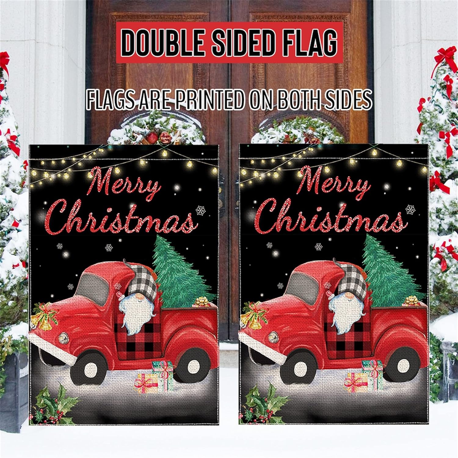 Christmas Garden Flag, Large Christmas Flag 28X40 Double Sided with Red Truck Gnome for Yard outside Outdoor Decor