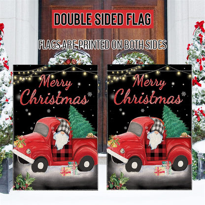 Christmas Garden Flag, Large Christmas Flag 28X40 Double Sided with Red Truck Gnome for Yard outside Outdoor Decor