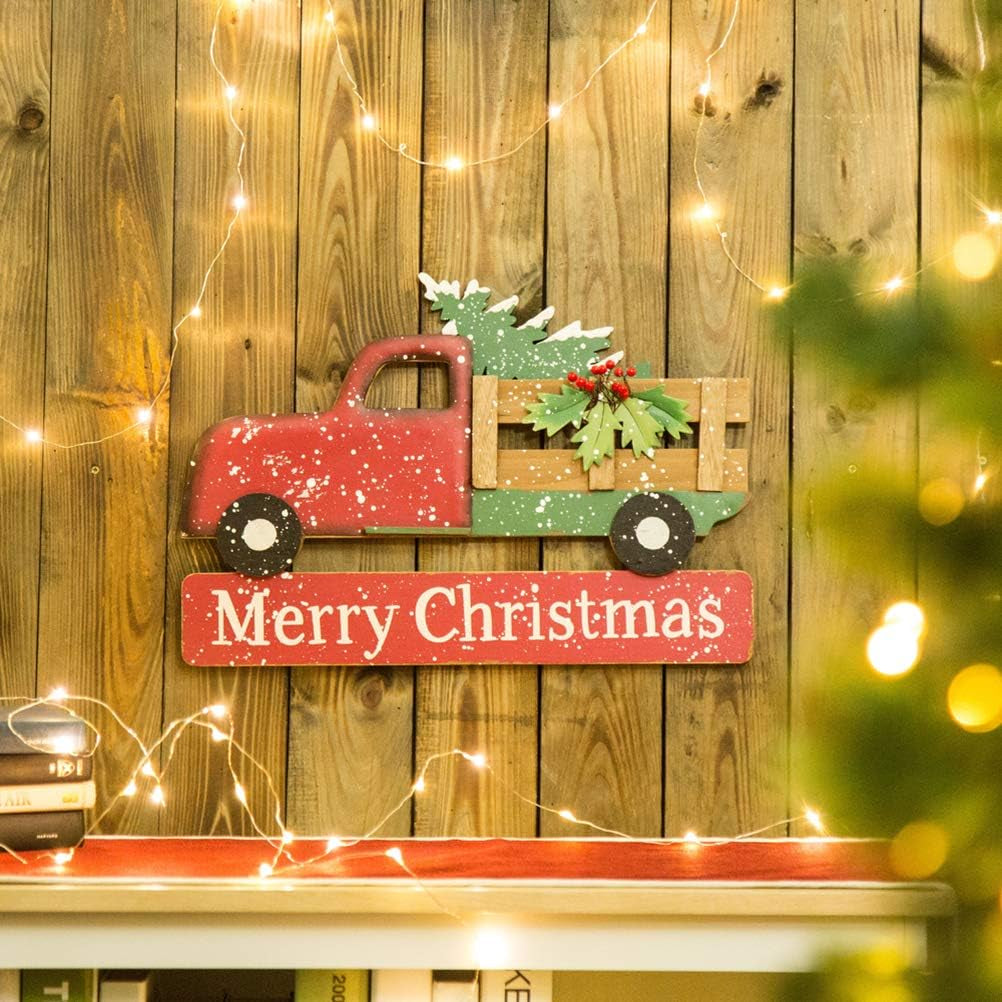 Rustic Wooden Metal Christmas Truck Yard Stake Lawn Garden Standing Sign Lawn Patio Wall Decor, Metal Truck