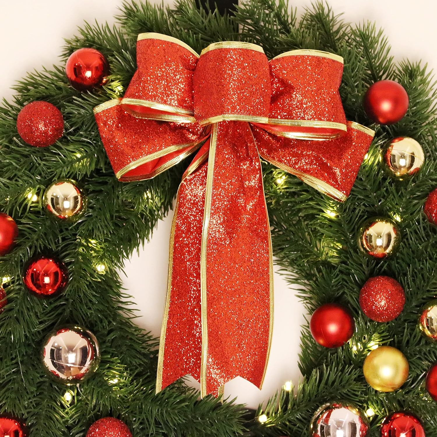 Christmas Wreath 16 Inches with Metal Hanger and Timer, Lighted Front Door Wreath Battery Operated