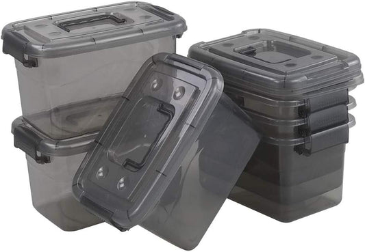 6 Pack Plastic Storage Bin with Handle, 5 Quart Small Latching Boxes, Clear Grey