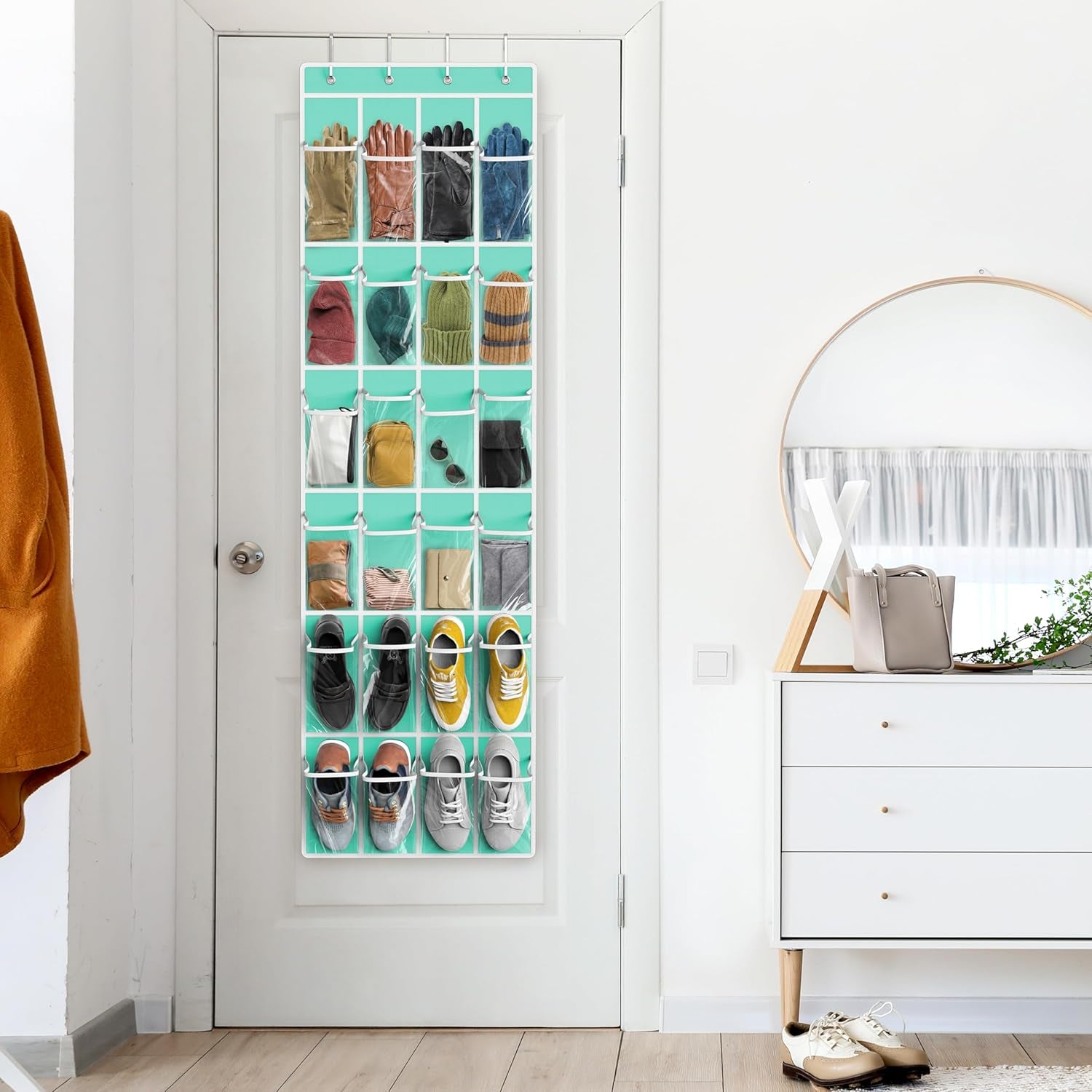 24 Pockets - Crystal Clear over the Door Hanging Shoe Organizer, Turquoise (64'' X 19'')