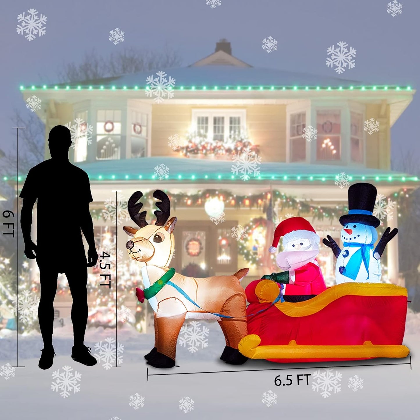 6.5 Ft Long Christmas Inflatables Outdoor Decorations, Inflatable Santa Claus on Sleigh with Reindeer and Snowman Christmas Blow up Built-In LED Lights for Yard Party Outdoor Holiday Decoration