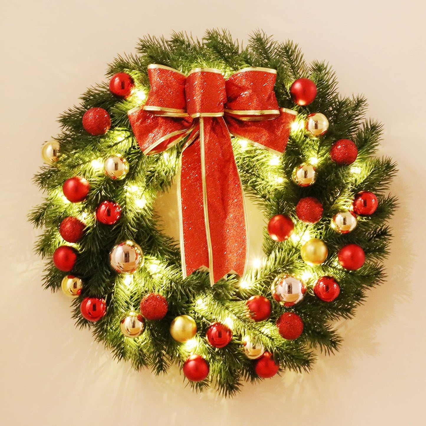 Christmas Wreath 16 Inches with Metal Hanger and Timer, Lighted Front Door Wreath Battery Operated