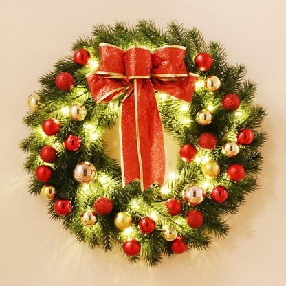Christmas Wreath 16 Inches with Metal Hanger and Timer, Lighted Front Door Wreath Battery Operated