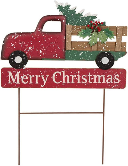Rustic Wooden Metal Christmas Truck Yard Stake Lawn Garden Standing Sign Lawn Patio Wall Decor, Metal Truck