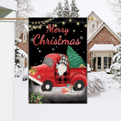 Christmas Garden Flag, Large Christmas Flag 28X40 Double Sided with Red Truck Gnome for Yard outside Outdoor Decor