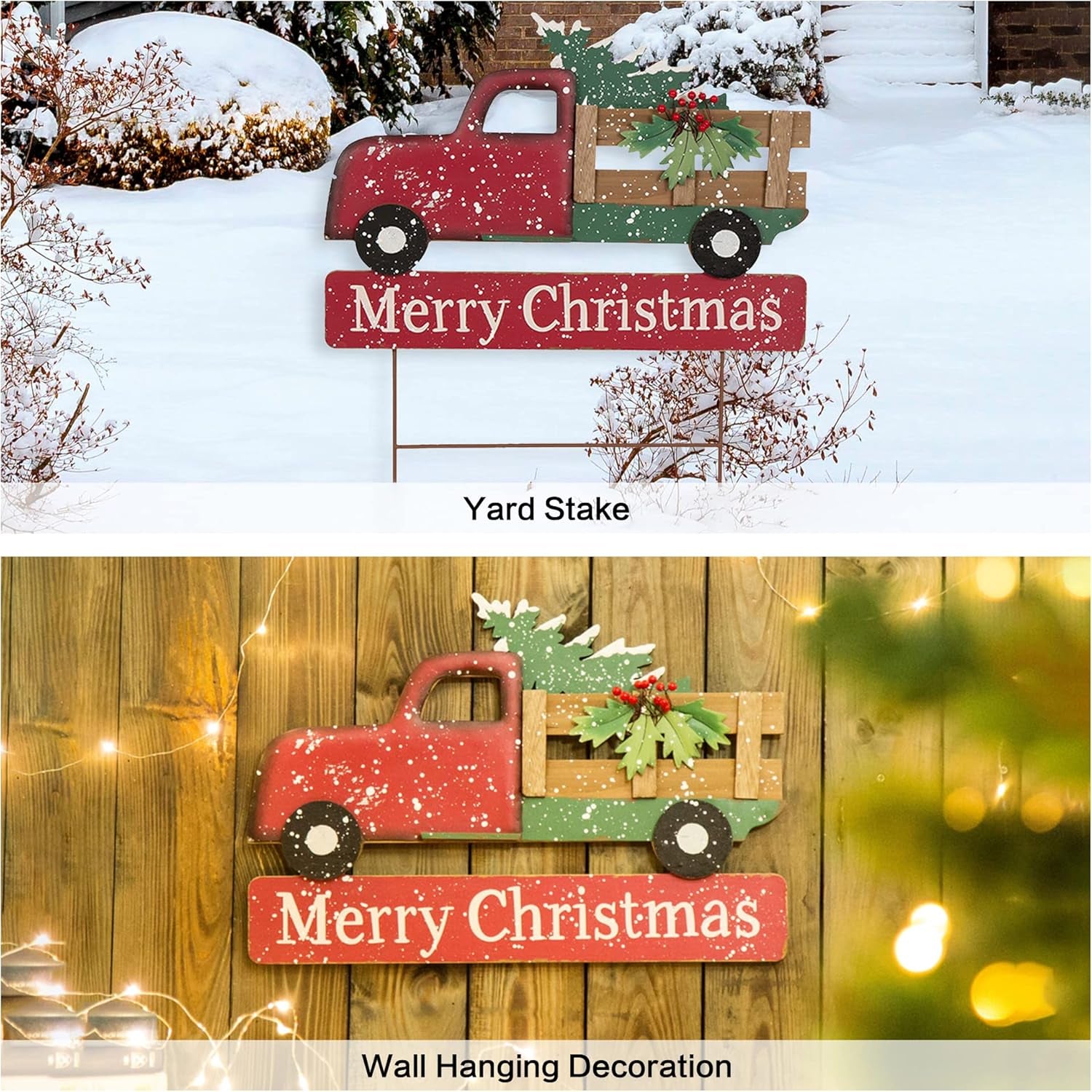 Rustic Wooden Metal Christmas Truck Yard Stake Lawn Garden Standing Sign Lawn Patio Wall Decor, Metal Truck