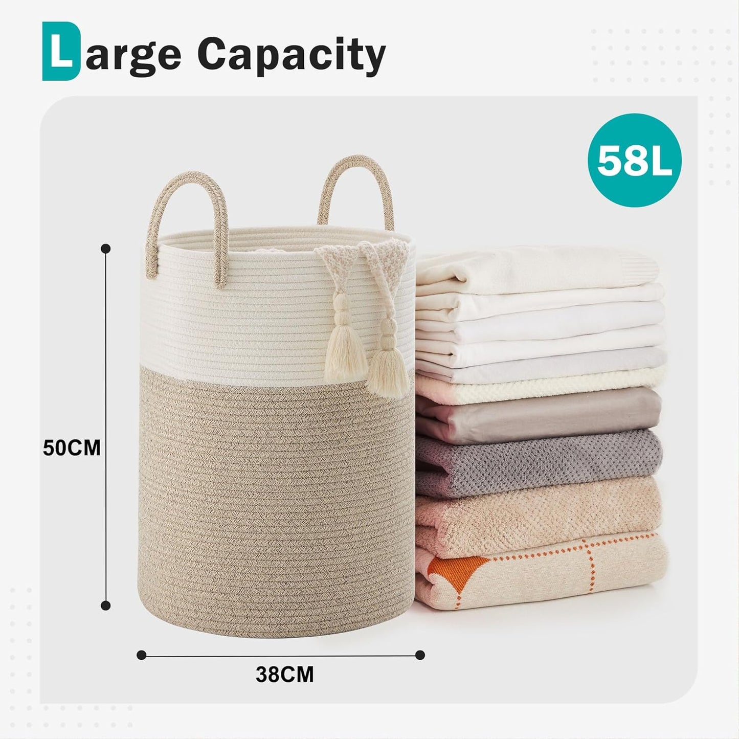 Cotton Rope Laundry Basket by , 58L Woven Collapsible Laundry Hamper, Clothes Hamper with Reinforced Handles in the Laundry Room, Bedroom, Bathroom, Brown