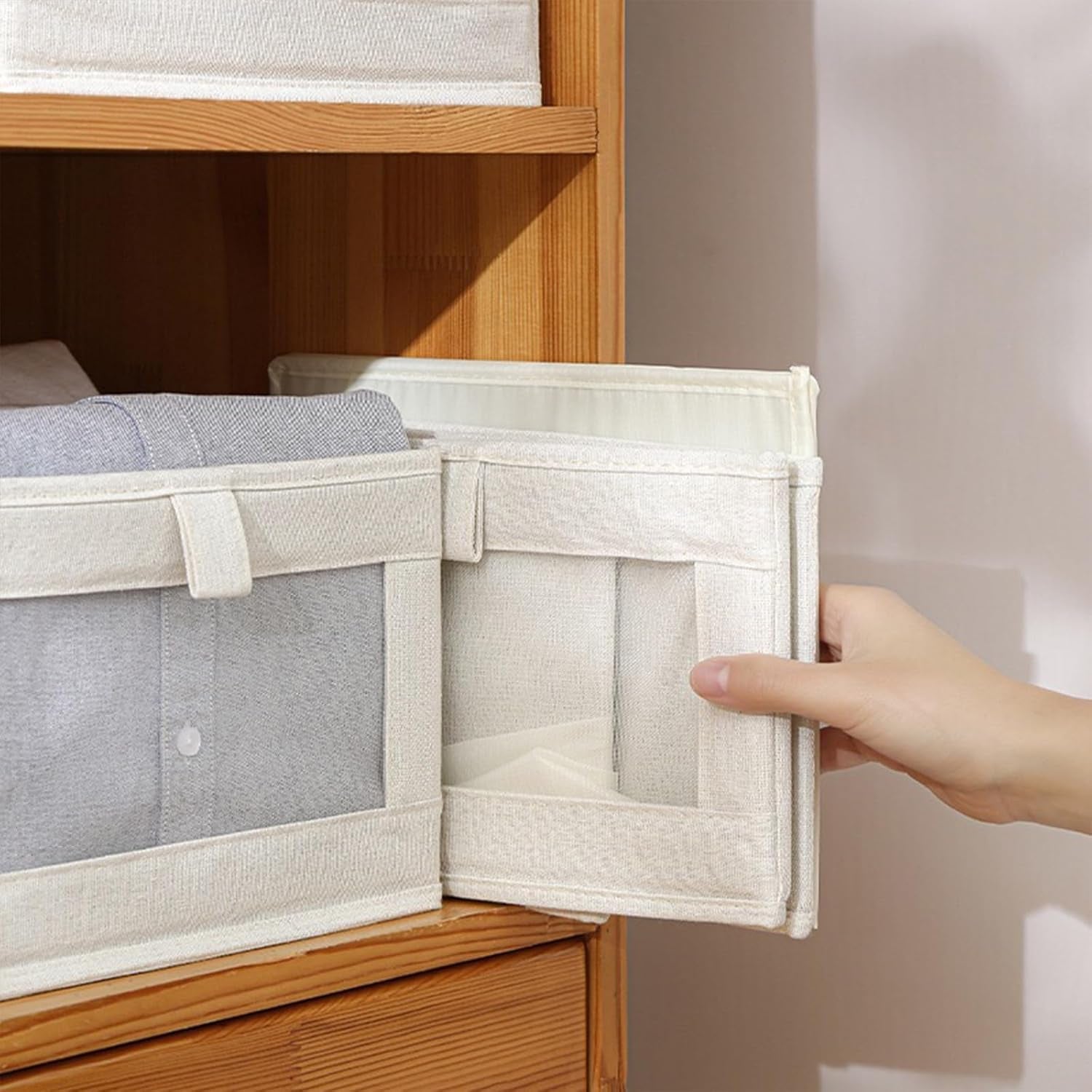 Linen Closet Organizers and Storage, 4 Pack Storage Bins Baskets for Organization Foldable Organizer with Clear Window Organizing Clothing, Jeans, Shelves