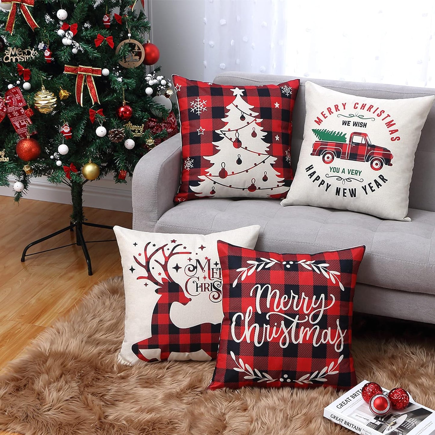 Christmas Decoration Pillow Covers 18X18 Set of 4,Farmhouse Christmas Decor for Home,Red Black Buffalo Plaids Tree Deer Rustic Truck Xmas Pillow Case Winter Holiday Cushion Case for Couch