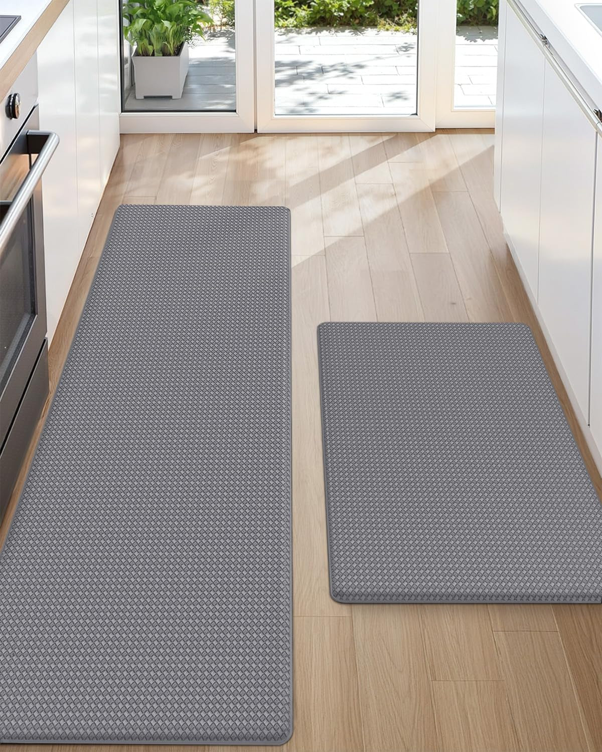 anti Fatigue Cushion Padded Kitchen Mat for Floor - 17X29+17X59,Easy Clean, Waterproof & Oil Proof, anti Slip, Foam Rubber Runner Rug for Front Sink Comfort Standing, Grey Set of 2