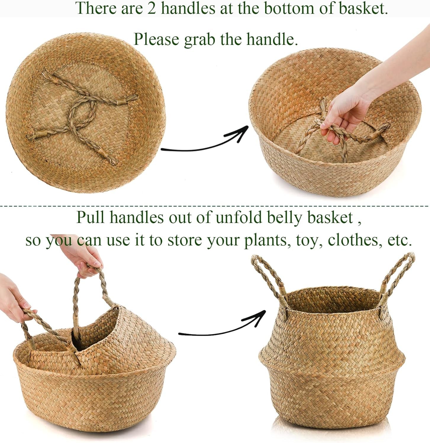 2 Pack Woven Seagrass Plant Basket with Handles, Ideal Wicker Baskets Storage Plant Pot Baskets for Laundry, Picnic, Plant Pot Cover, Beach Bag and Grocery Basket (L)