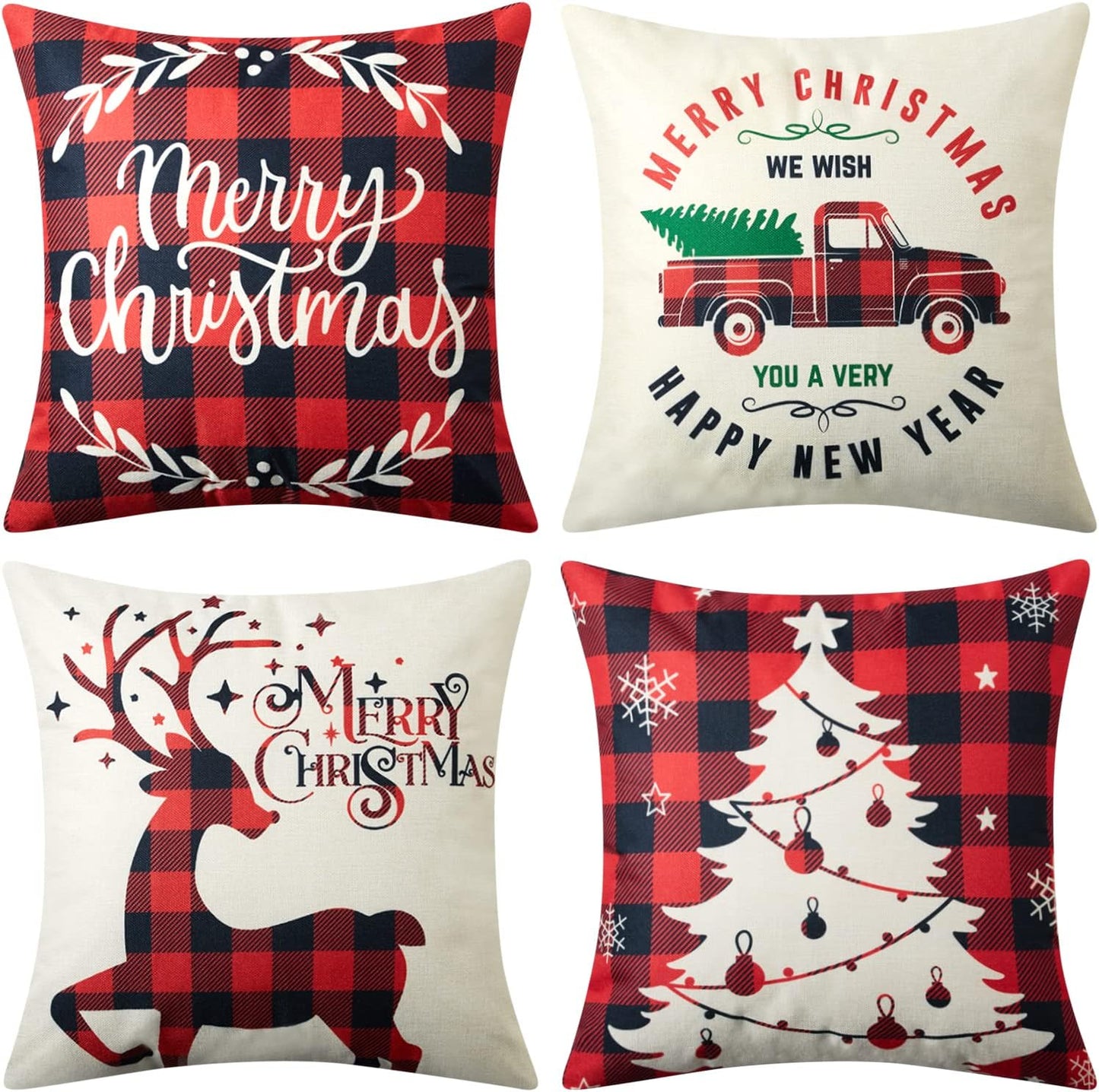 Christmas Decoration Pillow Covers 18X18 Set of 4,Farmhouse Christmas Decor for Home,Red Black Buffalo Plaids Tree Deer Rustic Truck Xmas Pillow Case Winter Holiday Cushion Case for Couch