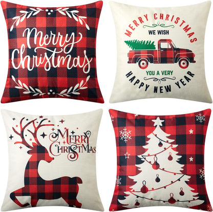 Christmas Decoration Pillow Covers 18X18 Set of 4,Farmhouse Christmas Decor for Home,Red Black Buffalo Plaids Tree Deer Rustic Truck Xmas Pillow Case Winter Holiday Cushion Case for Couch