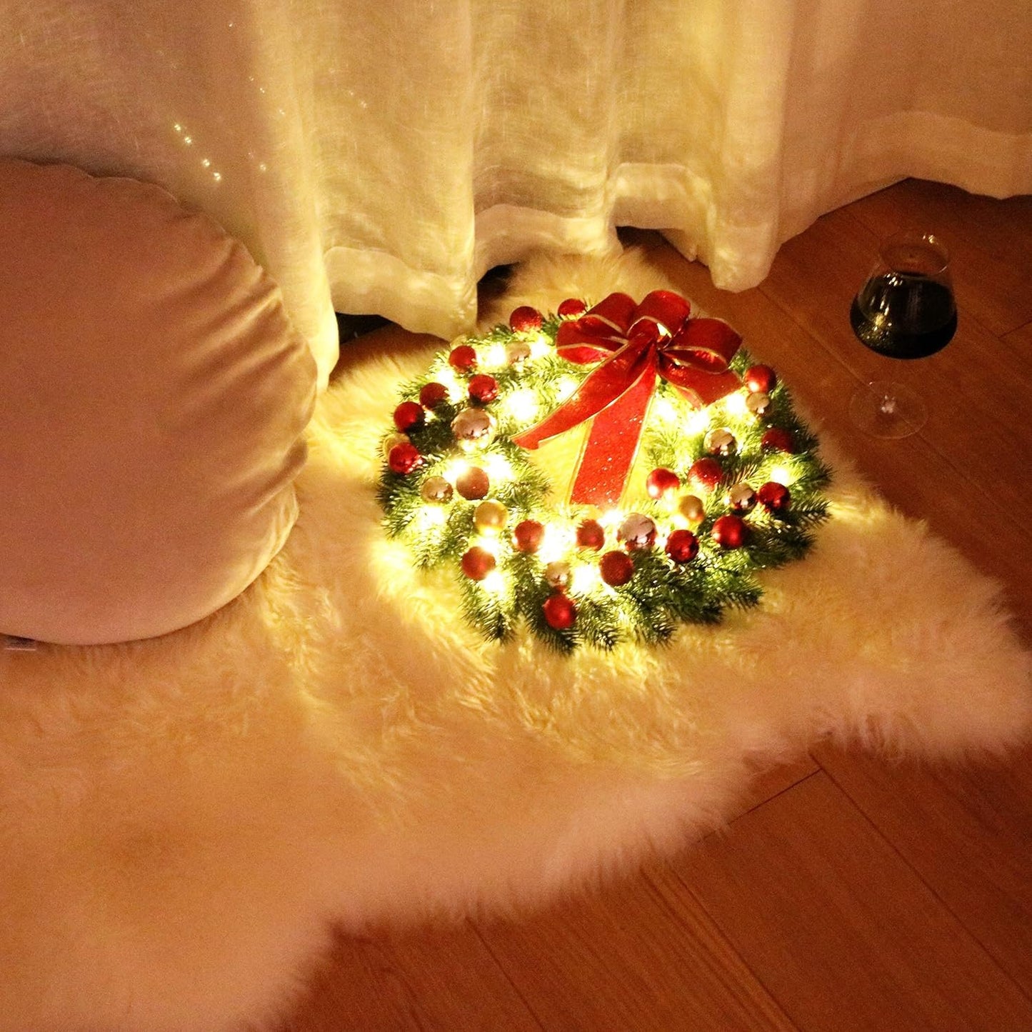 Christmas Wreath 16 Inches with Metal Hanger and Timer, Lighted Front Door Wreath Battery Operated