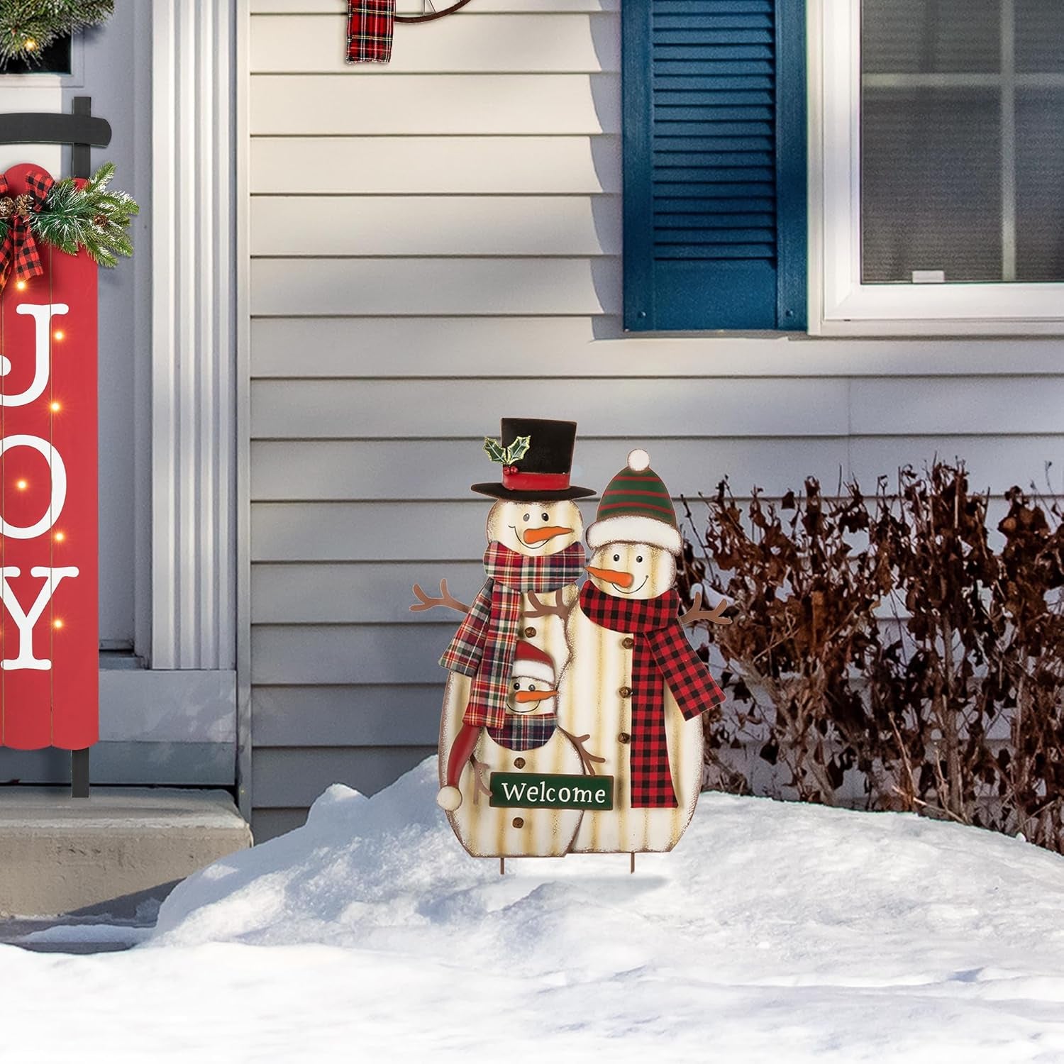 30" H Metal Christmas Snowman Family Yard Stake, Holiday Decorations Outdoor Standing Hanging Display, Xmas Holiday Wall Ornament for Lawn Outdoor Holiday Decoration