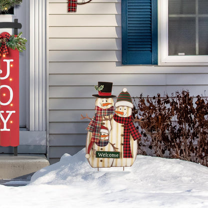 30" H Metal Christmas Snowman Family Yard Stake, Holiday Decorations Outdoor Standing Hanging Display, Xmas Holiday Wall Ornament for Lawn Outdoor Holiday Decoration